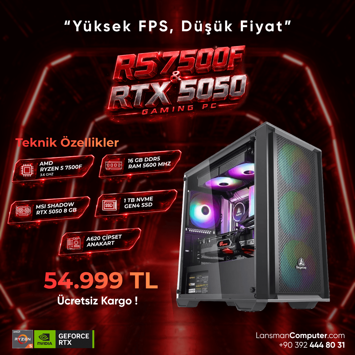 Ryzen 5 7500F RTX 5050 Gaming PC Kasa